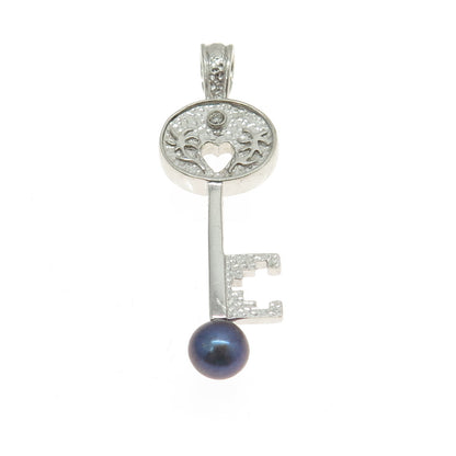 925 Sterling Silver Real White Diamond & Tahitian Pearl Key Pendant