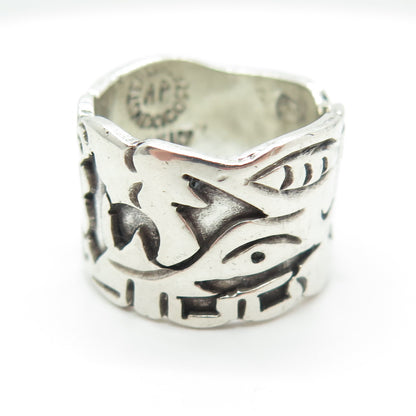 925 Sterling Silver Vintage Mexico Tribal Symbol Wide Band Ring Size 7