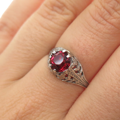 925 Sterling Silver Antique Art Deco Red Rhinestone Oxidized Ring Size 6.75
