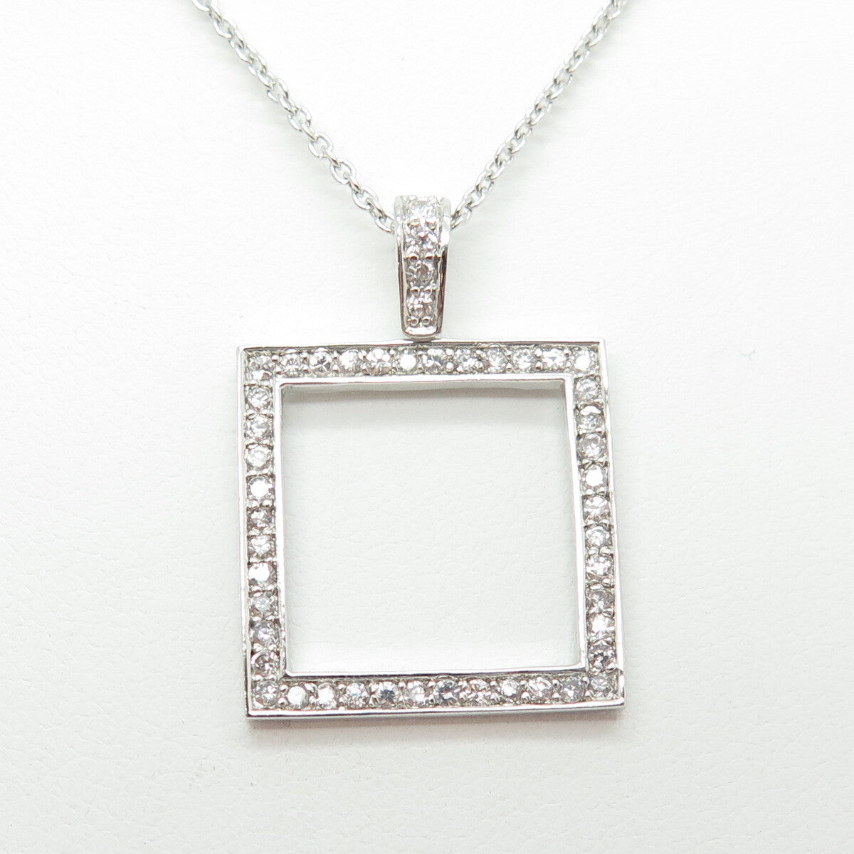 925 Sterling Silver Round-Cut C Z Square Frame Cable Chain Necklace 18-20"