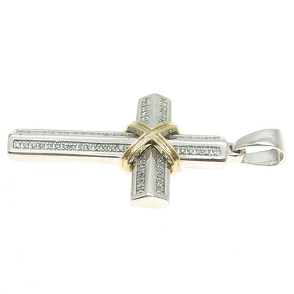 925 Sterling Silver & 10K Gold Real Round-Cut Diamond Cross Pendant