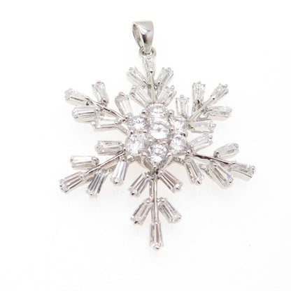 925 Sterling Silver Round & Tapered Baguette-Cut Shaped C Z Snowflake Pendant