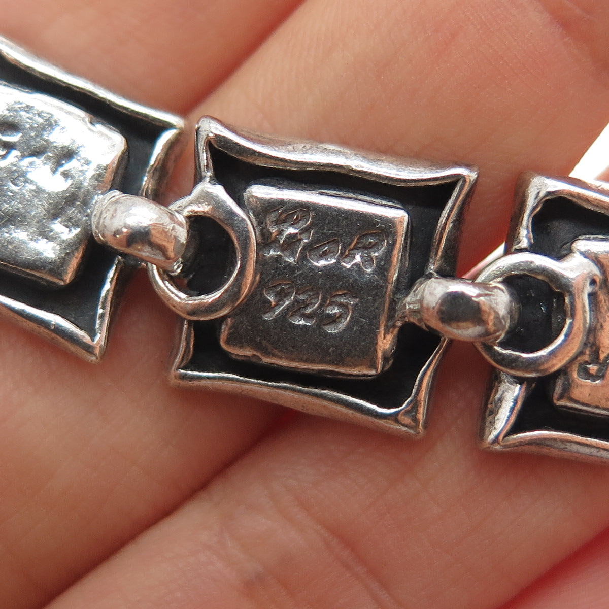 LIOR 925 Sterling Silver Vintage Real Turquoise Hamsa & Flower Bracelet 7.25"