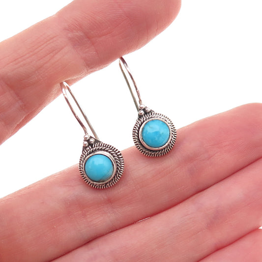 925 Sterling Silver Vintage Real Turquoise Oxidized Dangle Earrings