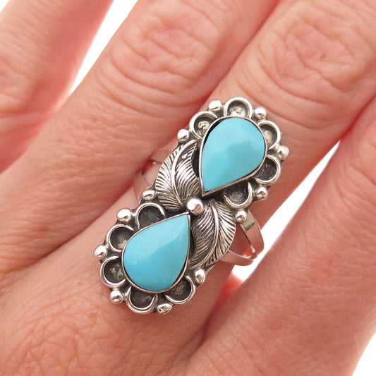 Old Pawn 925 Sterling Silver Vintage Southwestern Turquoise Feather Ring Size 7