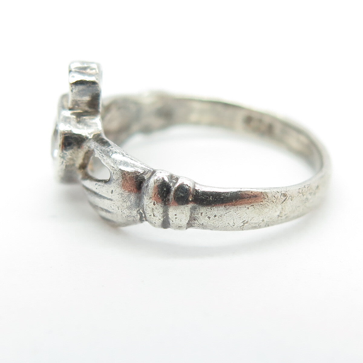925 Sterling Silver Vintage Heart-Cut Shaped C Z Irish Claddagh Ring Size 4.75