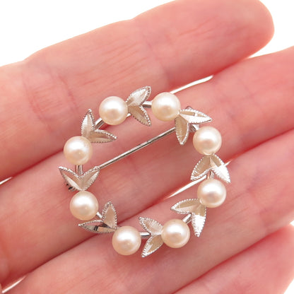 950 Silver Antique Japan Real Akoya Pearl Floral Circle of Life Pin Brooch