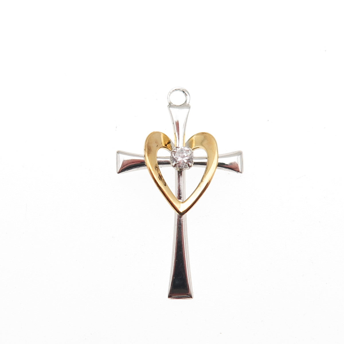 TRU-KAY 925 Sterling Silver 2-Tone C Z Heart Cross Mini Charm Pendant