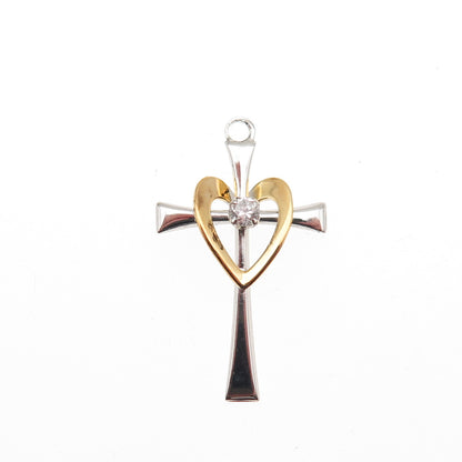 TRU-KAY 925 Sterling Silver 2-Tone C Z Heart Cross Mini Charm Pendant