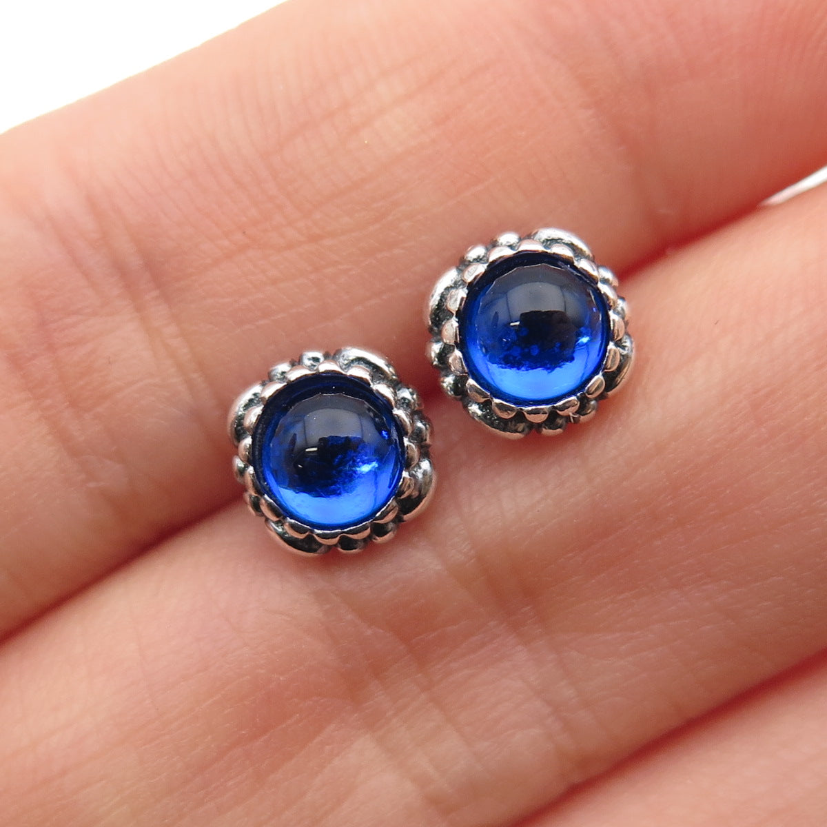 925 Sterling Silver Blue Glass Oxidized Stud Earrings