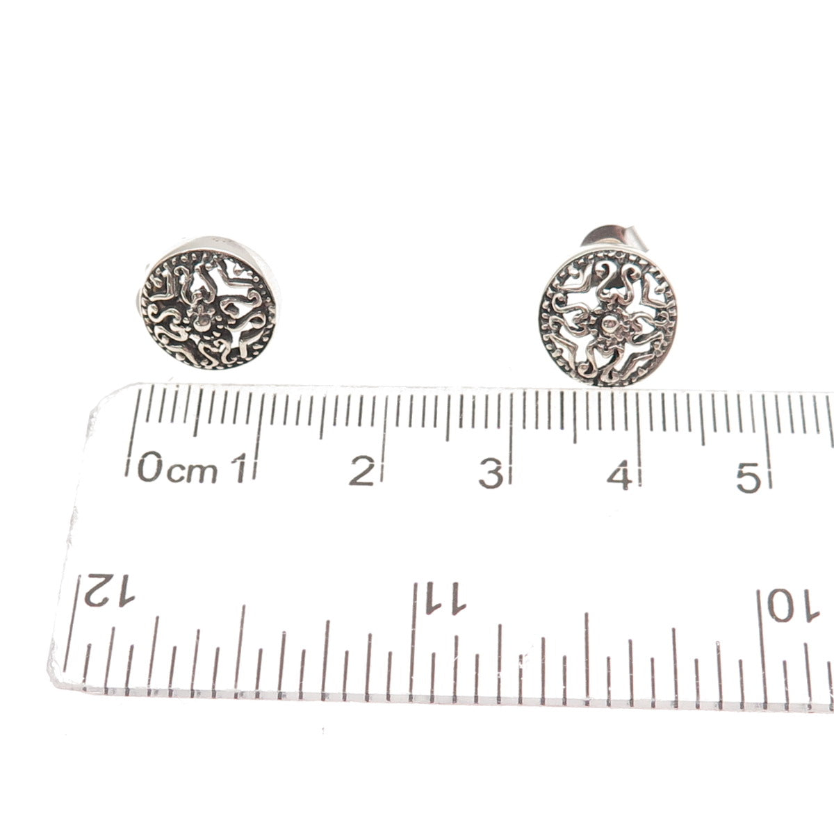 925 Sterling Silver Vintage Heart Cross Disc Oxidized Stud Earrings