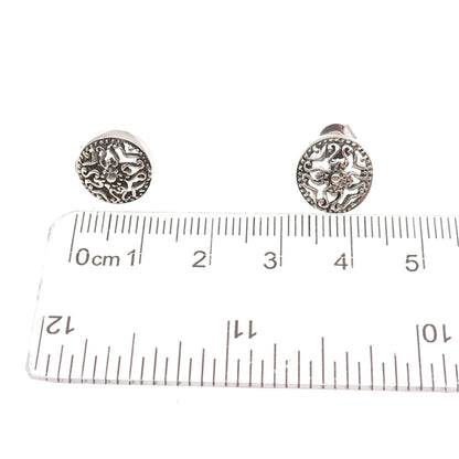 925 Sterling Silver Vintage Heart Cross Disc Oxidized Stud Earrings