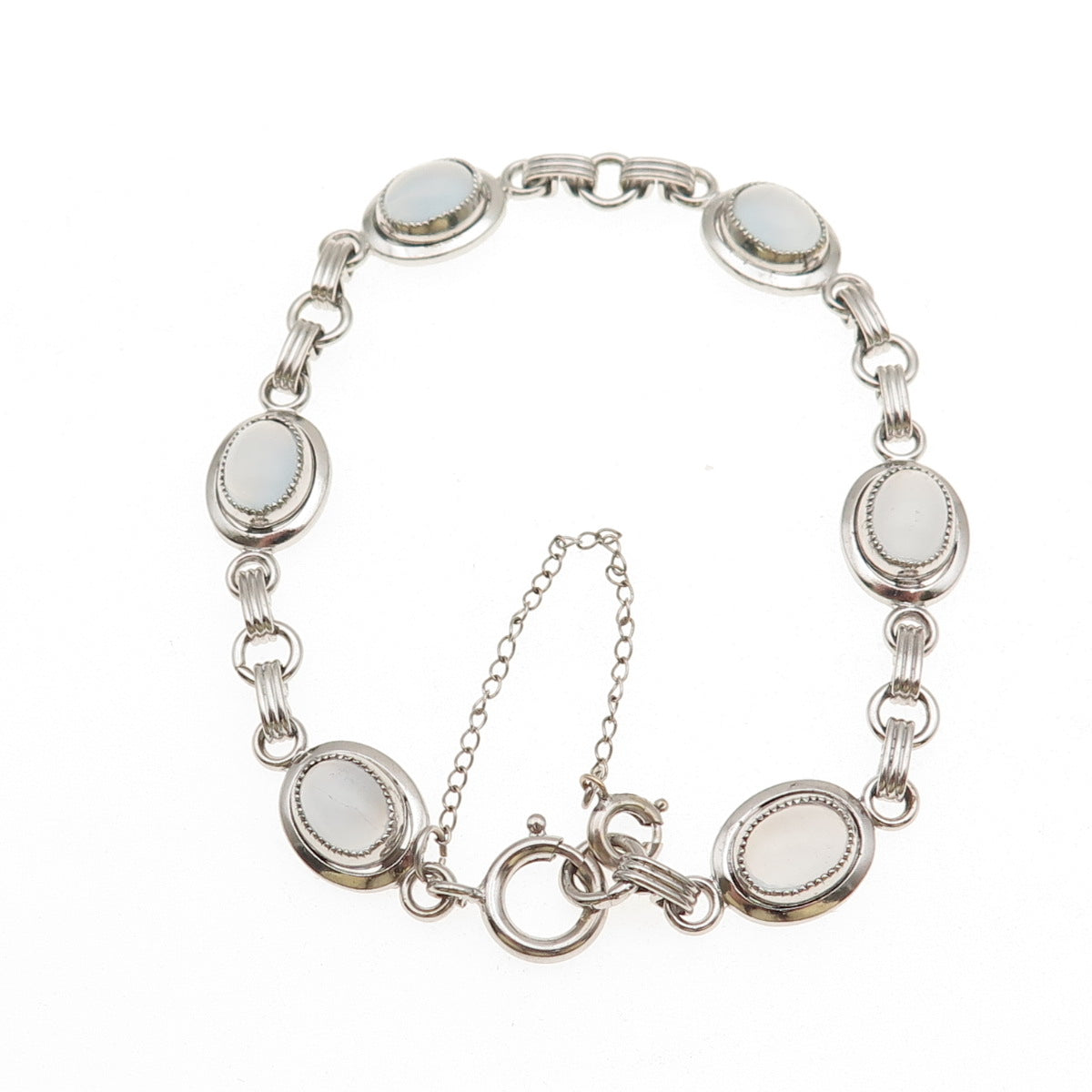 1/20 12K White Gold Filled Vintage Real Cabochon Opalite Bracelet 7.25"