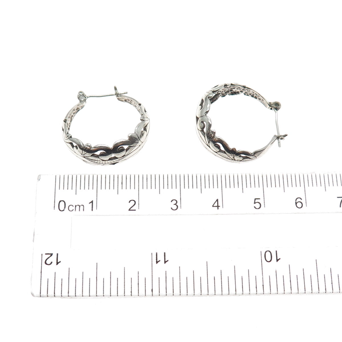 925 Sterling Silver Vintage Ornate Floral Oxidized Hoop Earrings