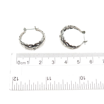 925 Sterling Silver Vintage Ornate Floral Oxidized Hoop Earrings