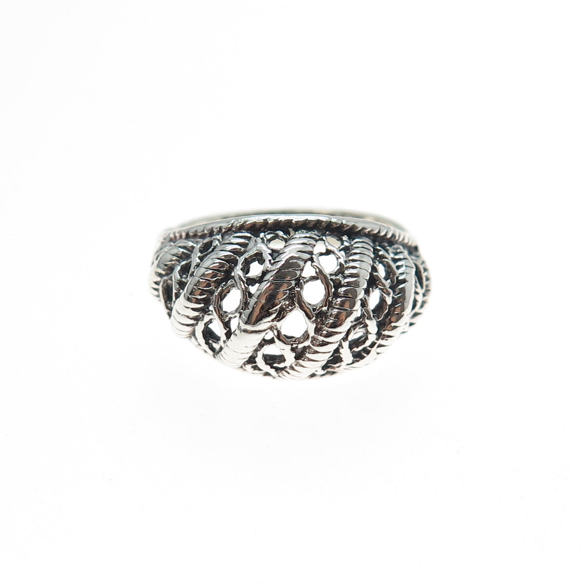 925 Sterling Silver Vintage Modernist Ribbed Dome Oxidized Ring Size 7