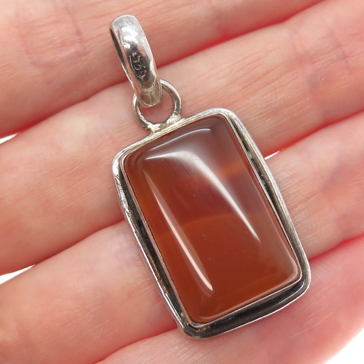 925 Sterling Silver Vintage Real Cabochon Agate Oxidized Charm Pendant