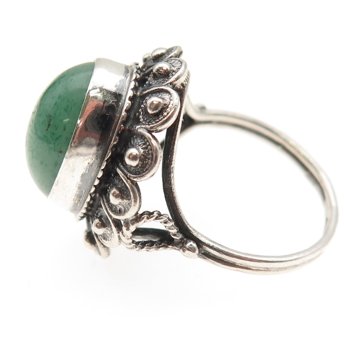 925 Sterling Silver Antique Art Deco Real Aventurine Floral Oxidized Ring Size 9