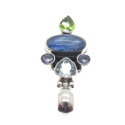 925 Sterling Silver Vintage Amethyst Peridot Sapphire Blue Topaz Gem Pendant