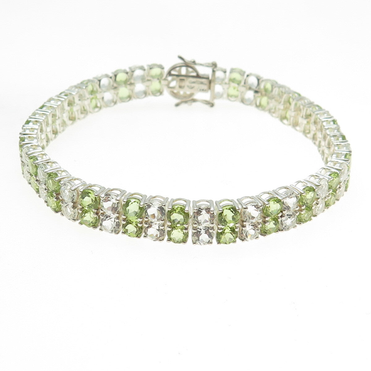 925 Sterling Silver Real Round-Cut Light Blue Topaz Peridot Cluster Bracelet 8"