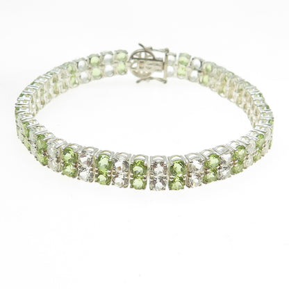 925 Sterling Silver Real Round-Cut Light Blue Topaz Peridot Cluster Bracelet 8"