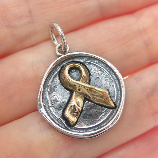 WAXING POETIC 925 Sterling Silver 2-Tone Vintage Cancer Ribbon Oxidized Pendant