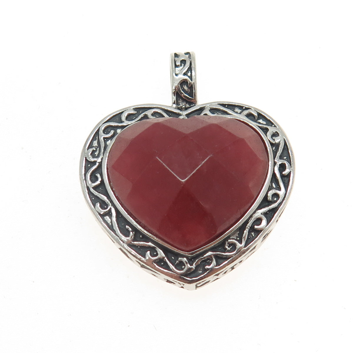 925 Sterling Silver Vintage Real Red Jade Ornate Heart Pendant