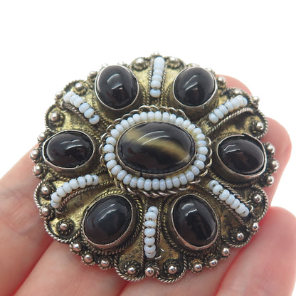 935 Silver 2-Tone Vintage Israel Real Tiger Eye Black Agate & Opal Pin Brooch