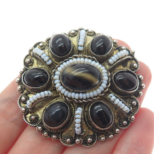935 Silver 2-Tone Vintage Israel Real Tiger Eye Black Agate & Opal Pin Brooch
