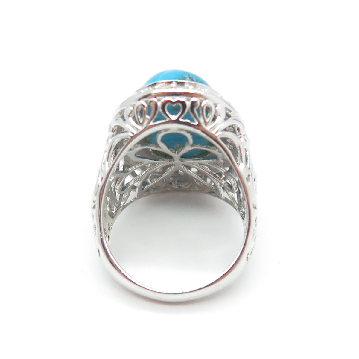 925 Sterling Silver Real Turquoise & White Topaz Ornate Ring Size 6.25