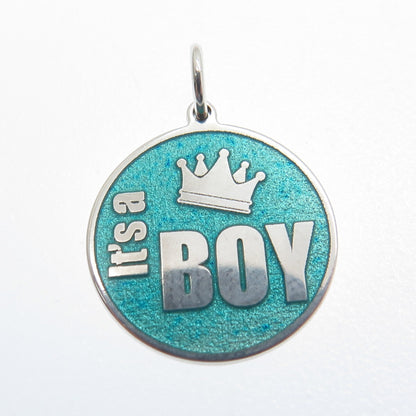 925 Sterling Silver Turquoise Color Enamel "It's A Boy" Minimalist Charm Pendant