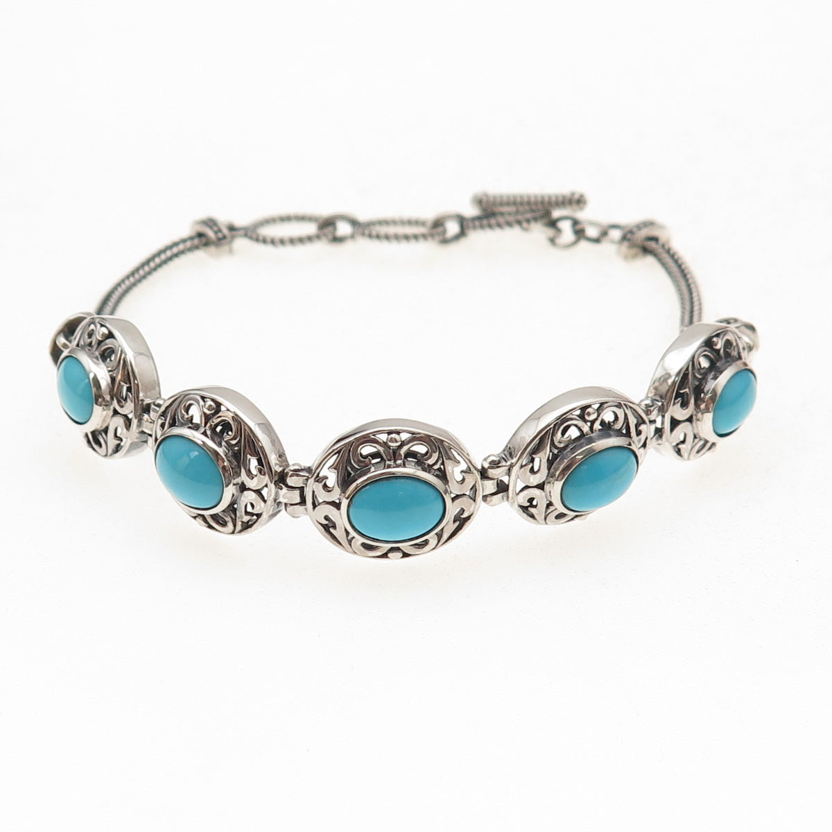 D'Joy 925 Sterling Silver Real Turquoise Floral Ornate Oxidized Bracelet 7-8"