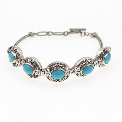 D'Joy 925 Sterling Silver Real Turquoise Floral Ornate Oxidized Bracelet 7-8"