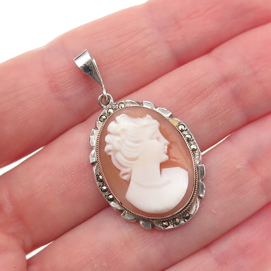 800 Silver Antique Art Deco Real MOP & Marcasite Carved Lady Cameo Charm Pendant