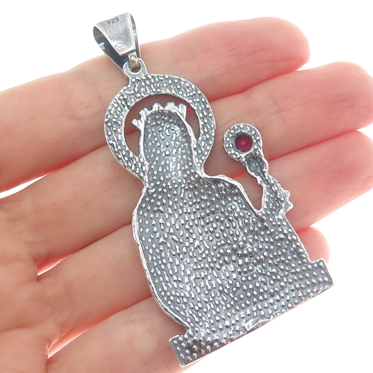 925 Sterling Silver Vintage Real Ruby St. Barbara Diamond-Cut Oxidized Pendant