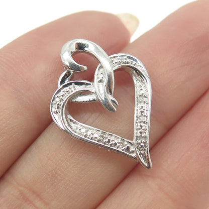 925 Sterling Silver Real Round-Cut Diamond Interlocked Hearts Slide Pendant