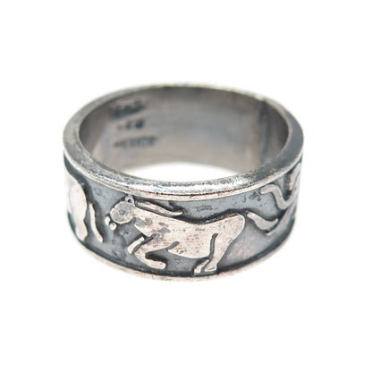 925 Sterling Silver Vintage Mexico Safari Animals Oxidized Band Ring Size 9.75