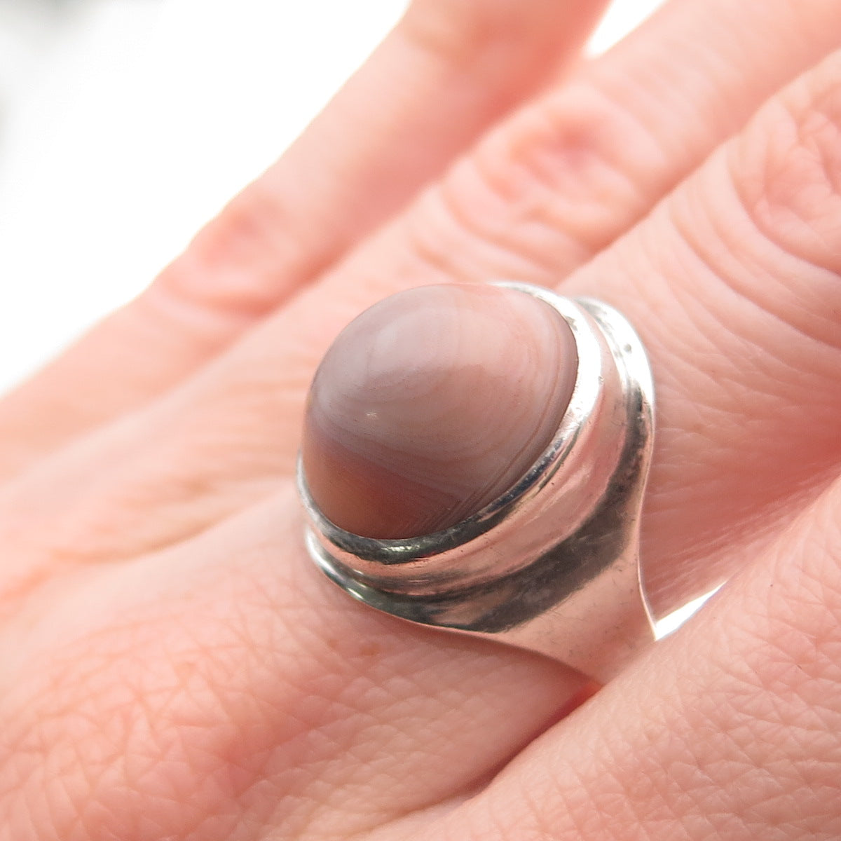 925 Sterling Silver Vintage Real Agate Modernist Oxidized Ring Size 7