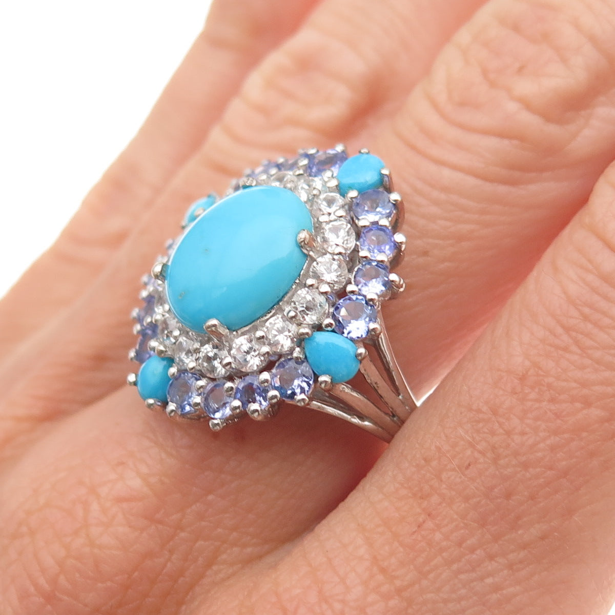 Chuck Clemency 925 Sterling Silver Real Turquoise Tanzanite Topaz Ring Size 8.25