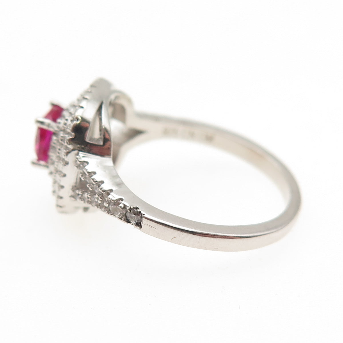 925 Sterling Silver Vintage Cushion-Cut Lab-Created Ruby & C Z Ring Size 7