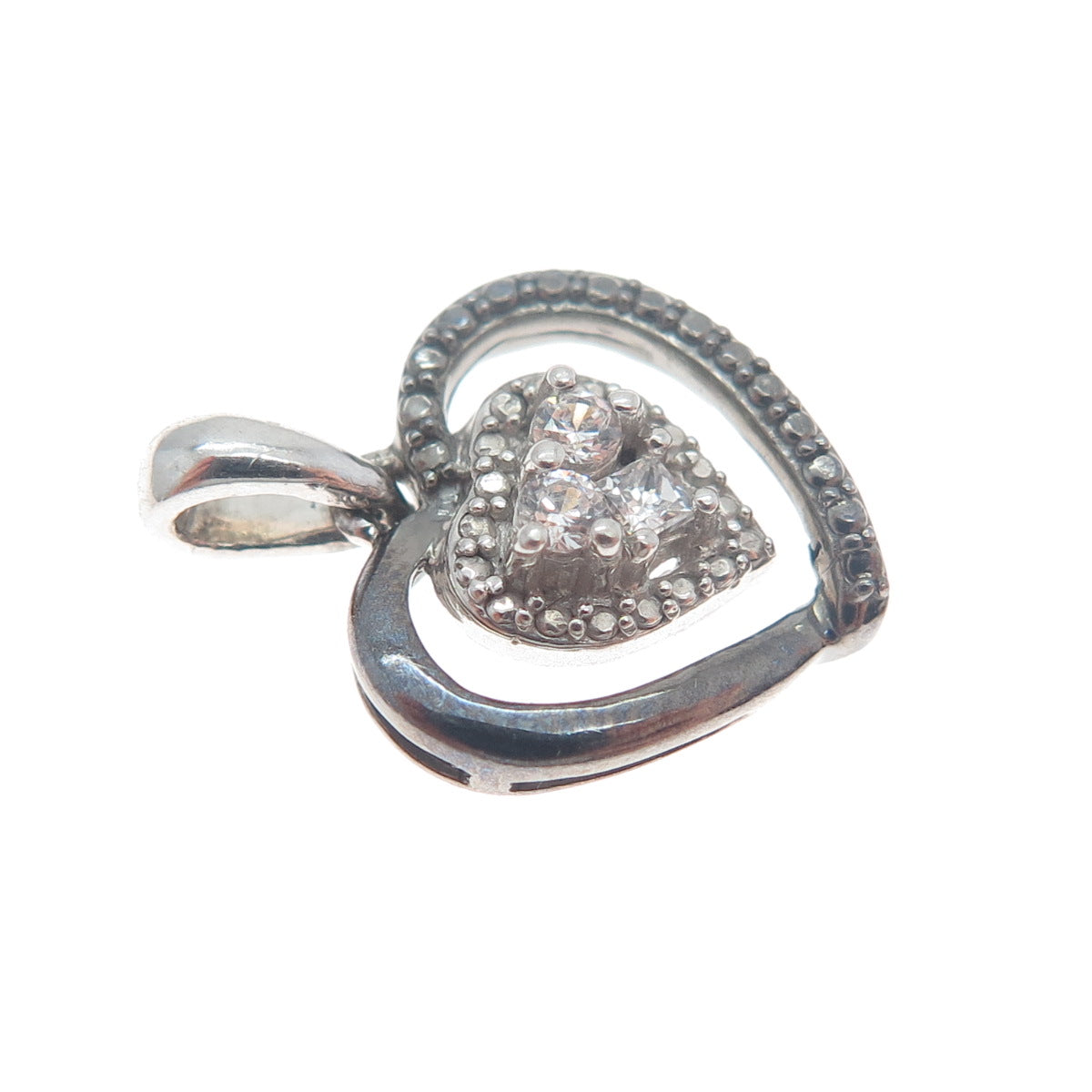925 Sterling Silver Black Rhodium Round-Cut C Z Heart Minimalist Charm Pendant