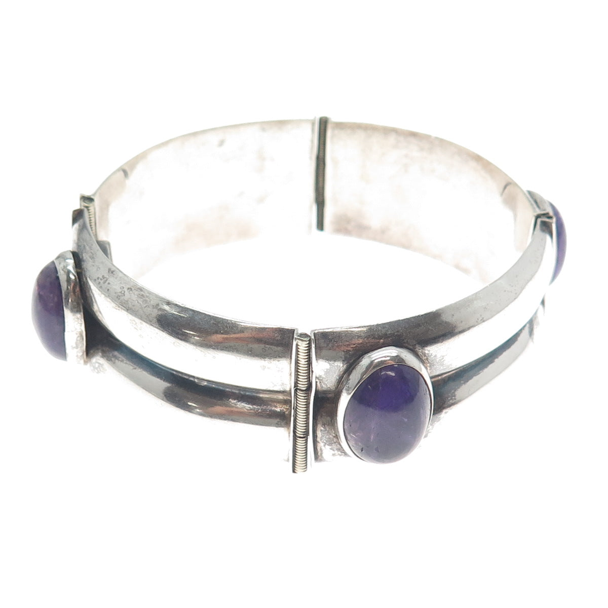 925 Sterling Silver Vintage Mexico Real Amethyst Oxidized Panel Link Bracelet 7"