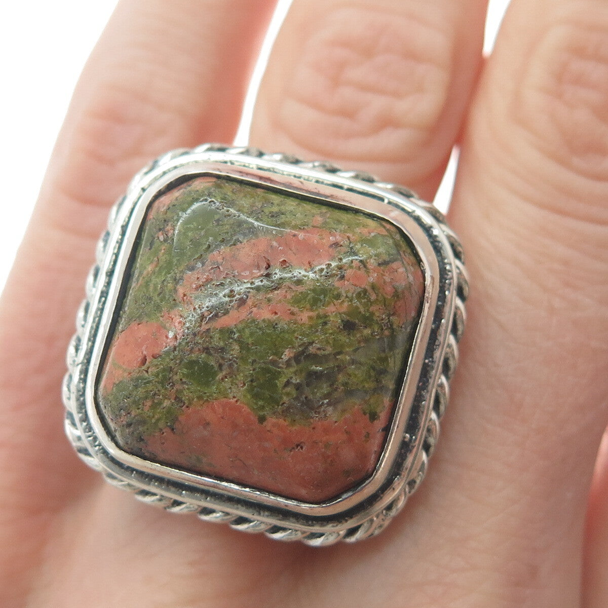 925 Sterling Silver Vintage Real Cushion-Cut Unakite Roped Ring Size 8.25
