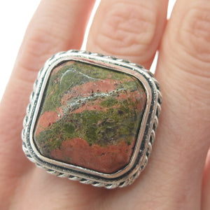 925 Sterling Silver Vintage Real Cushion-Cut Unakite Roped Ring Size 8.25