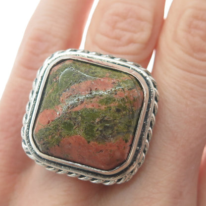 925 Sterling Silver Vintage Real Cushion-Cut Unakite Roped Ring Size 8.25