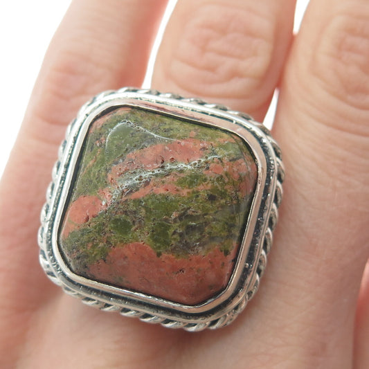 925 Sterling Silver Vintage Real Cushion-Cut Unakite Roped Ring Size 8.25