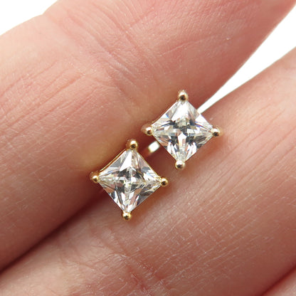 925 Sterling Silver Gold Plated Princess-Cut C Z Stud Earrings