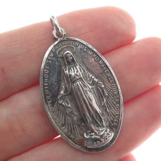925 Sterling Silver Antique Art Deco St. Mary Religious Medal Oxidized Pendant