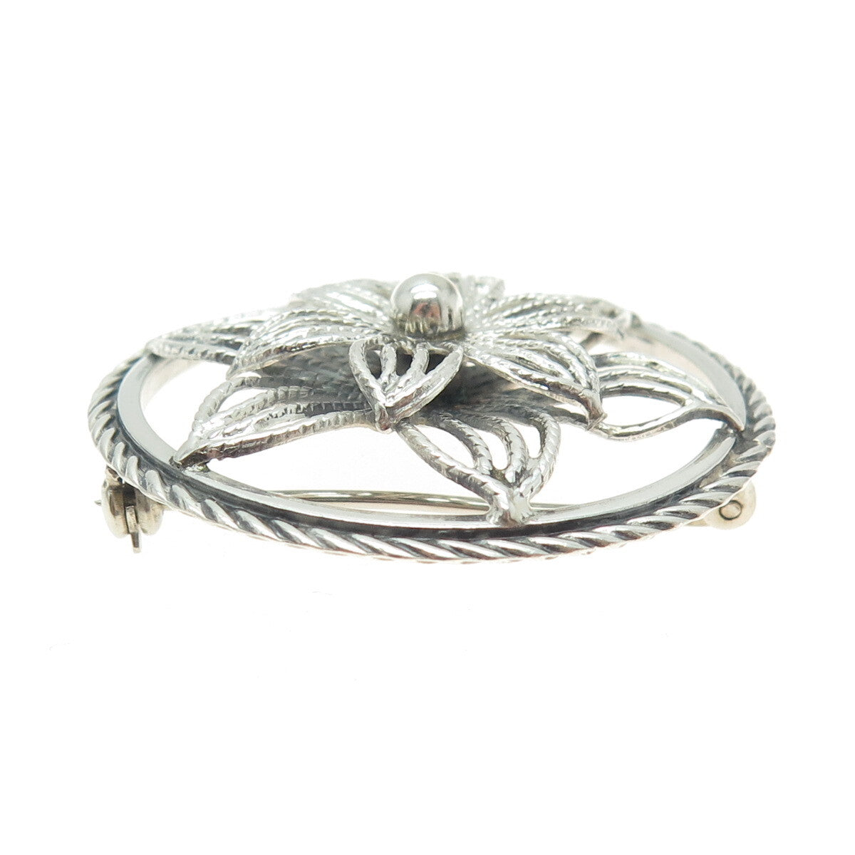 BEAU 925 Sterling Silver Antique Art Deco Flower Round Pin Brooch