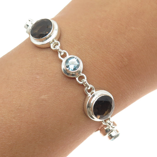 925 Sterling Silver Vintage Real Smoky Quartz & Blue Topaz Gemstone Bracelet 8"